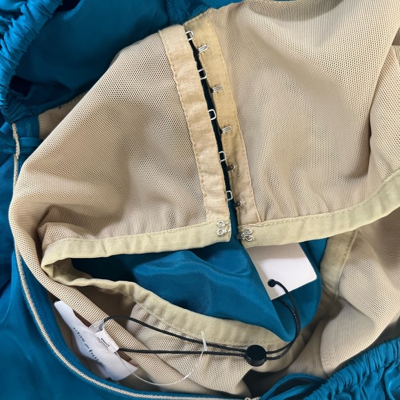 Cinq á Sept Minella Off-the-Shoulder Ruffled Satin Mini Dress in Teal - Picture 8 of 9